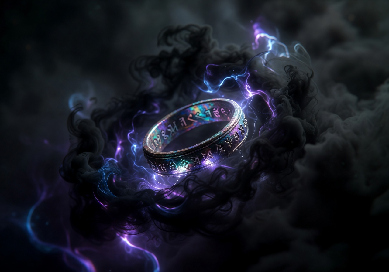 A glowing mystical ancient ring floating amidst dark magical energy